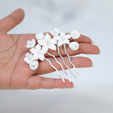 Ceramic White Lily flower Pearl Hair comb, Bridal Hair piece, Bridal Hair Accessories, Wedding Hair Accessory.
